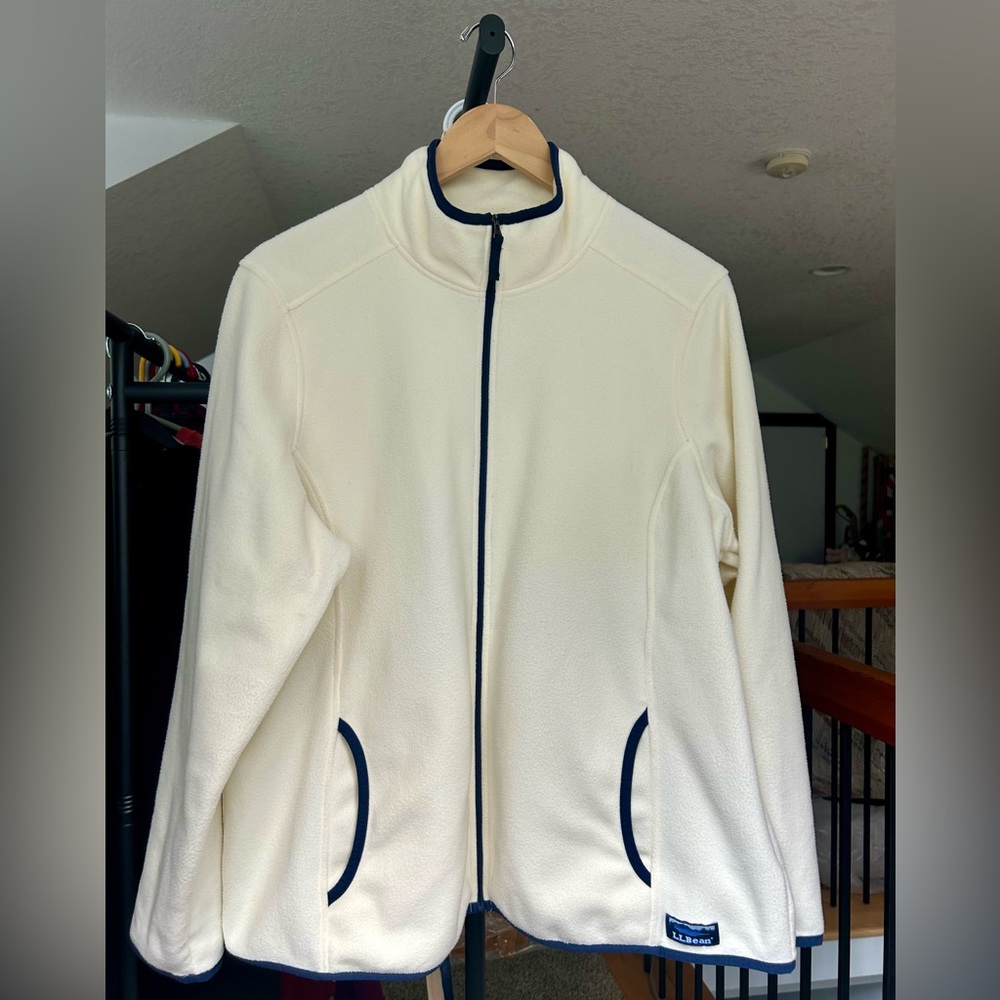 ✨ L.L.Bean • Full Zip Fleece Jacket • Cream w Navy Trim • Cozy Warm • Size 1X